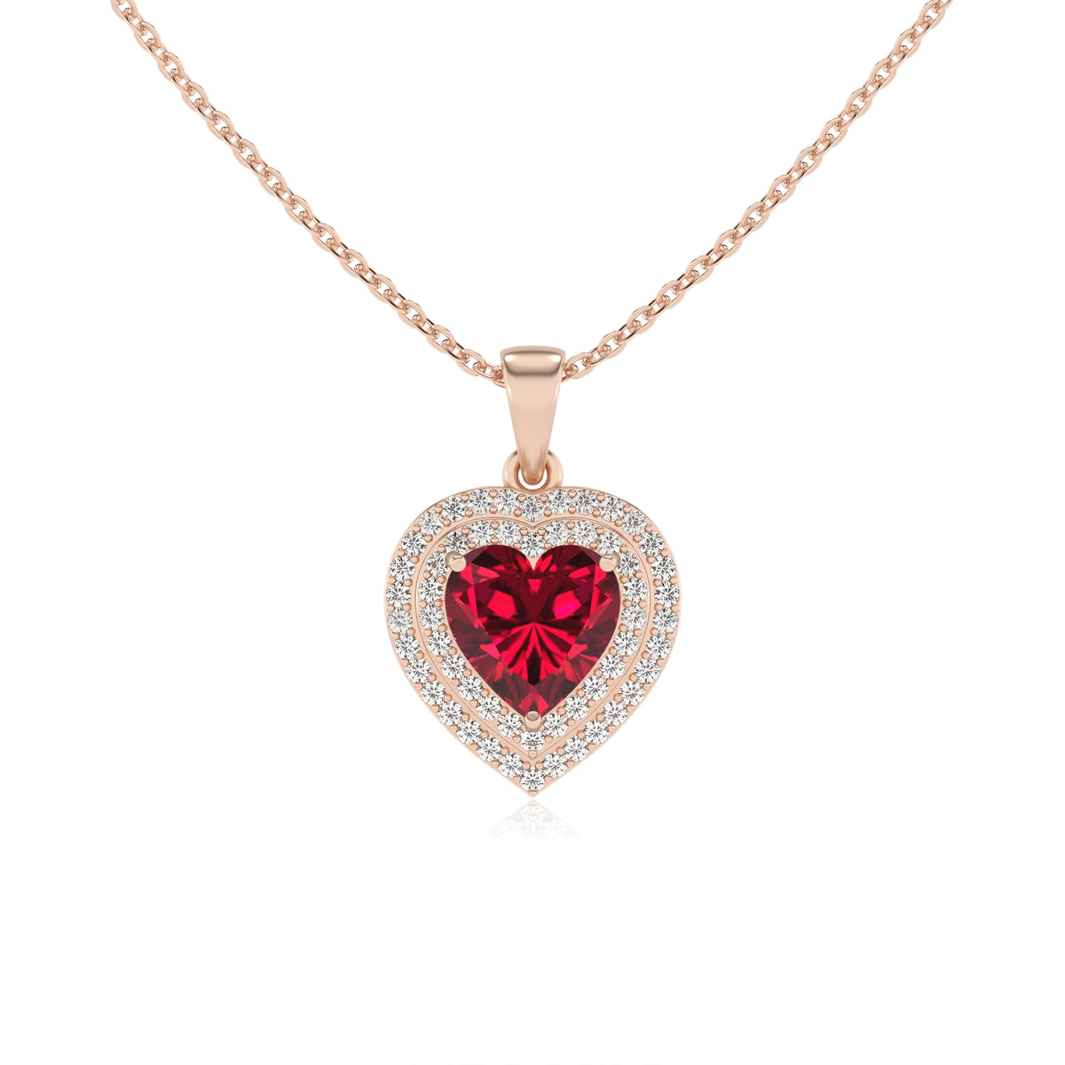 lab grown ruby heart halo necklaces in rose gold 