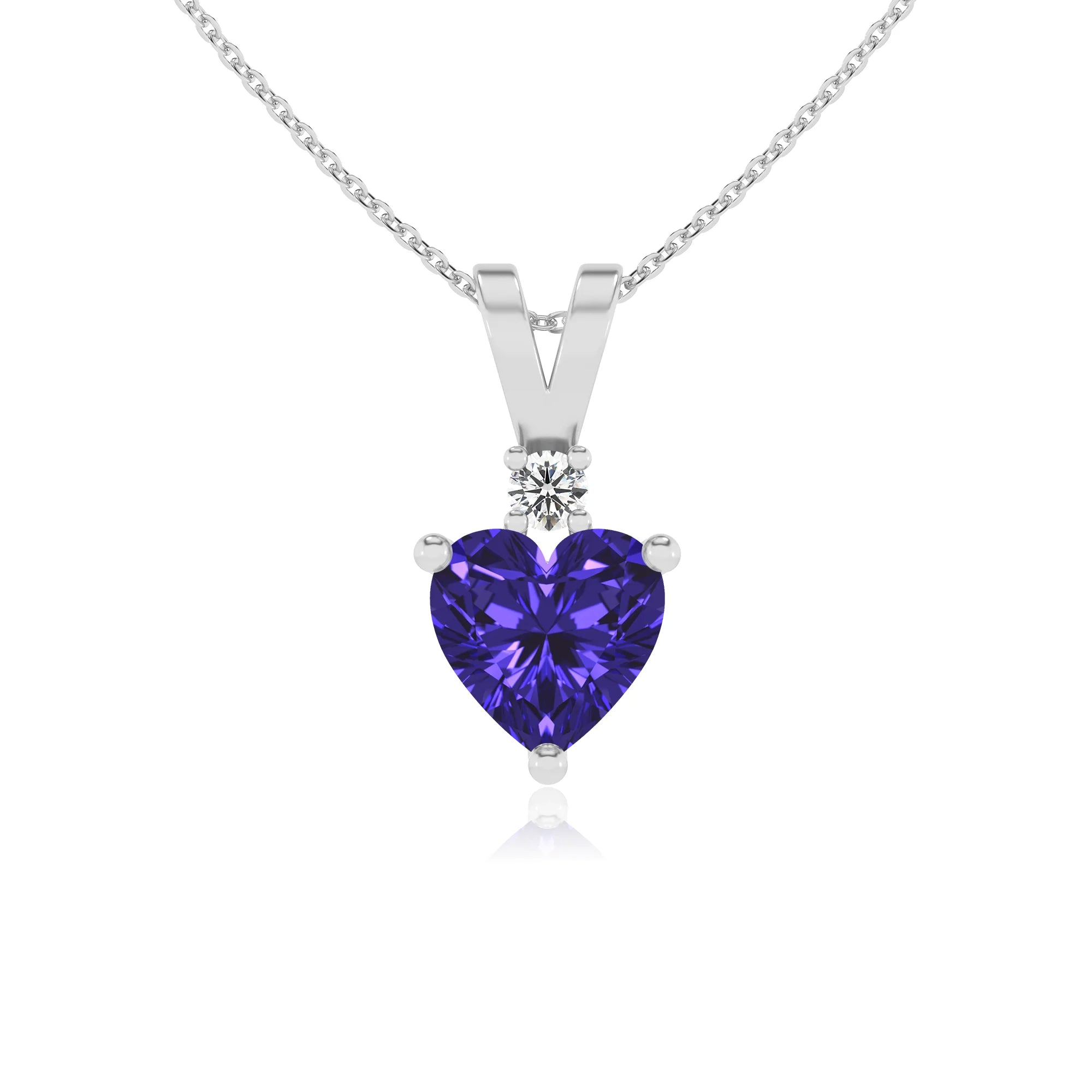 lab grown tanzanite heart solitaire v-bale necklaces in platinum 