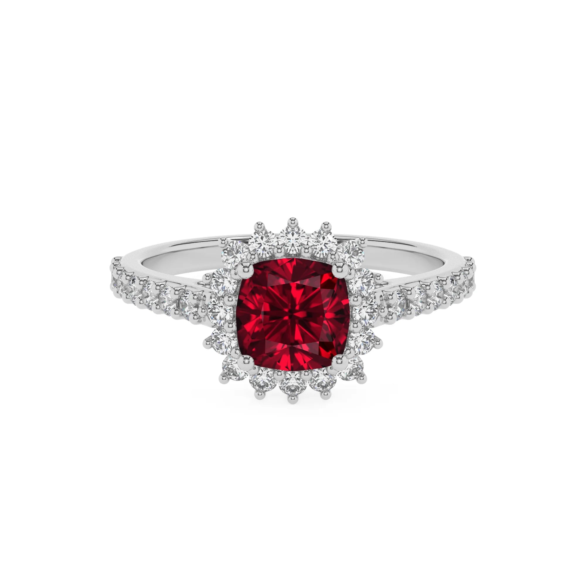 lab grown ruby cushion solitaire rings in white gold 