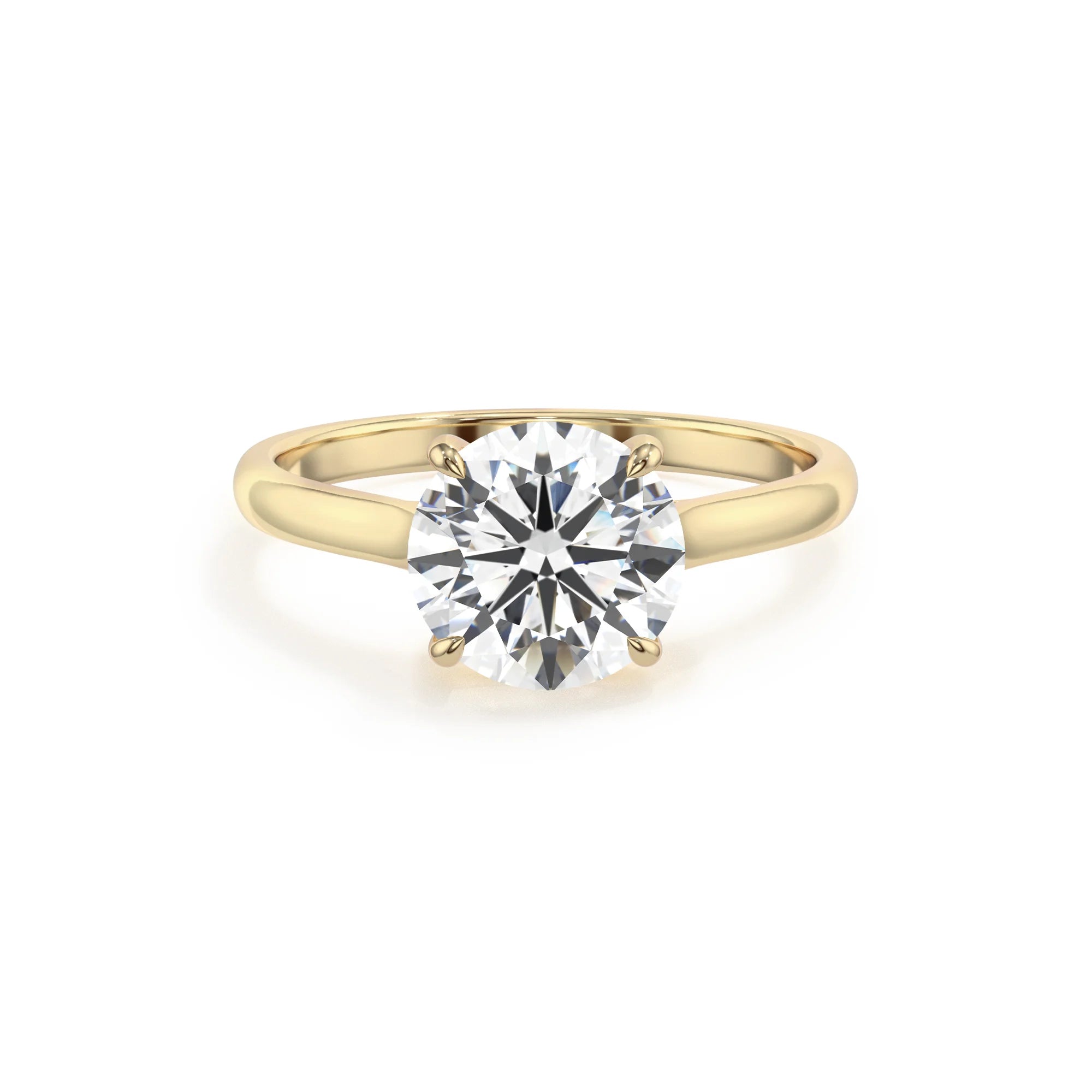 lab grown moissanite round solitaire rings in yellow gold 