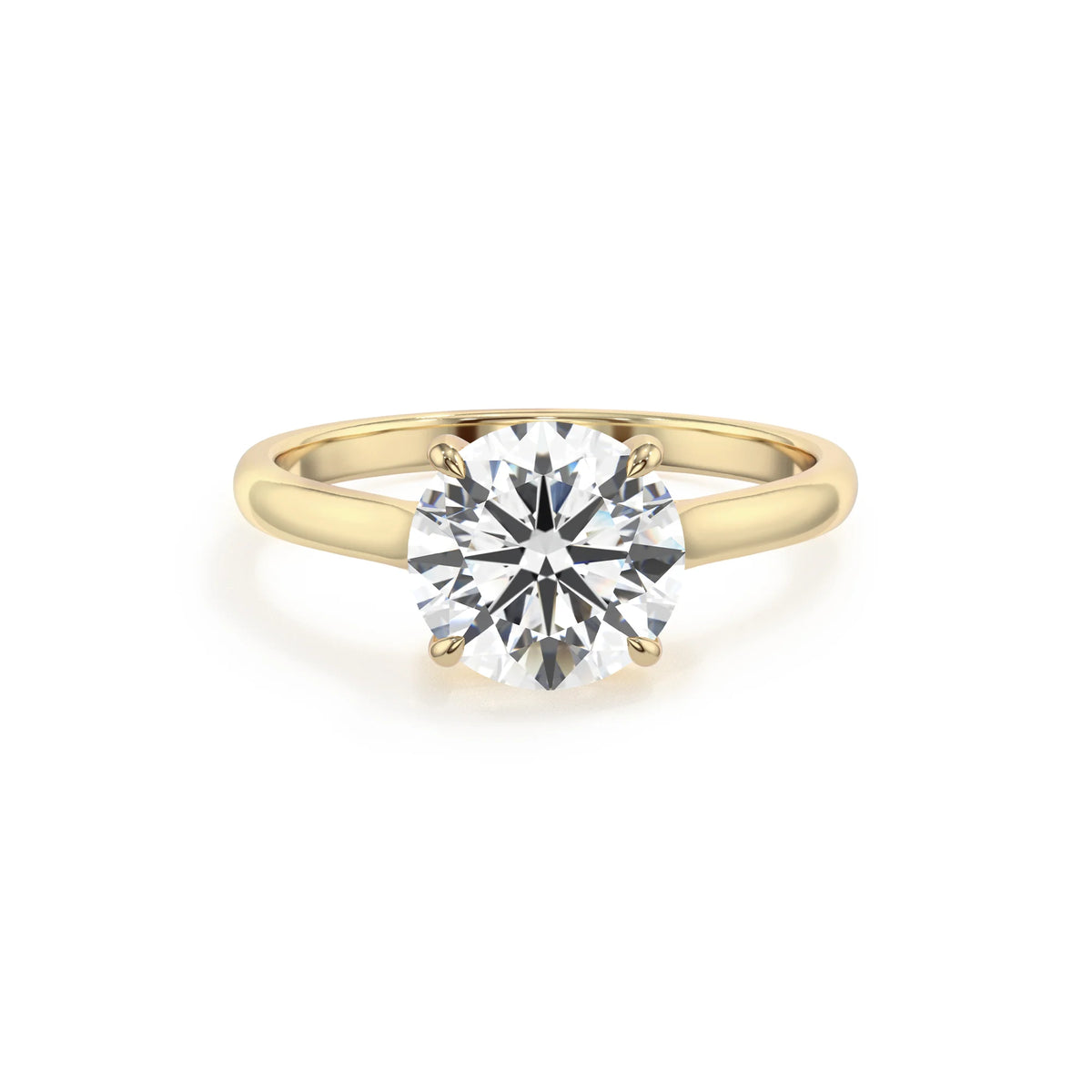 lab grown moissanite round solitaire rings in yellow gold 
