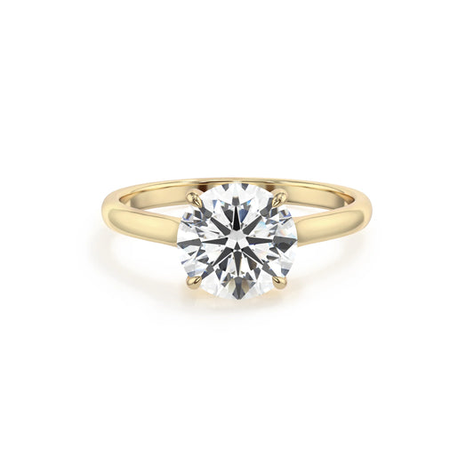 lab grown moissanite round solitaire rings in yellow gold 