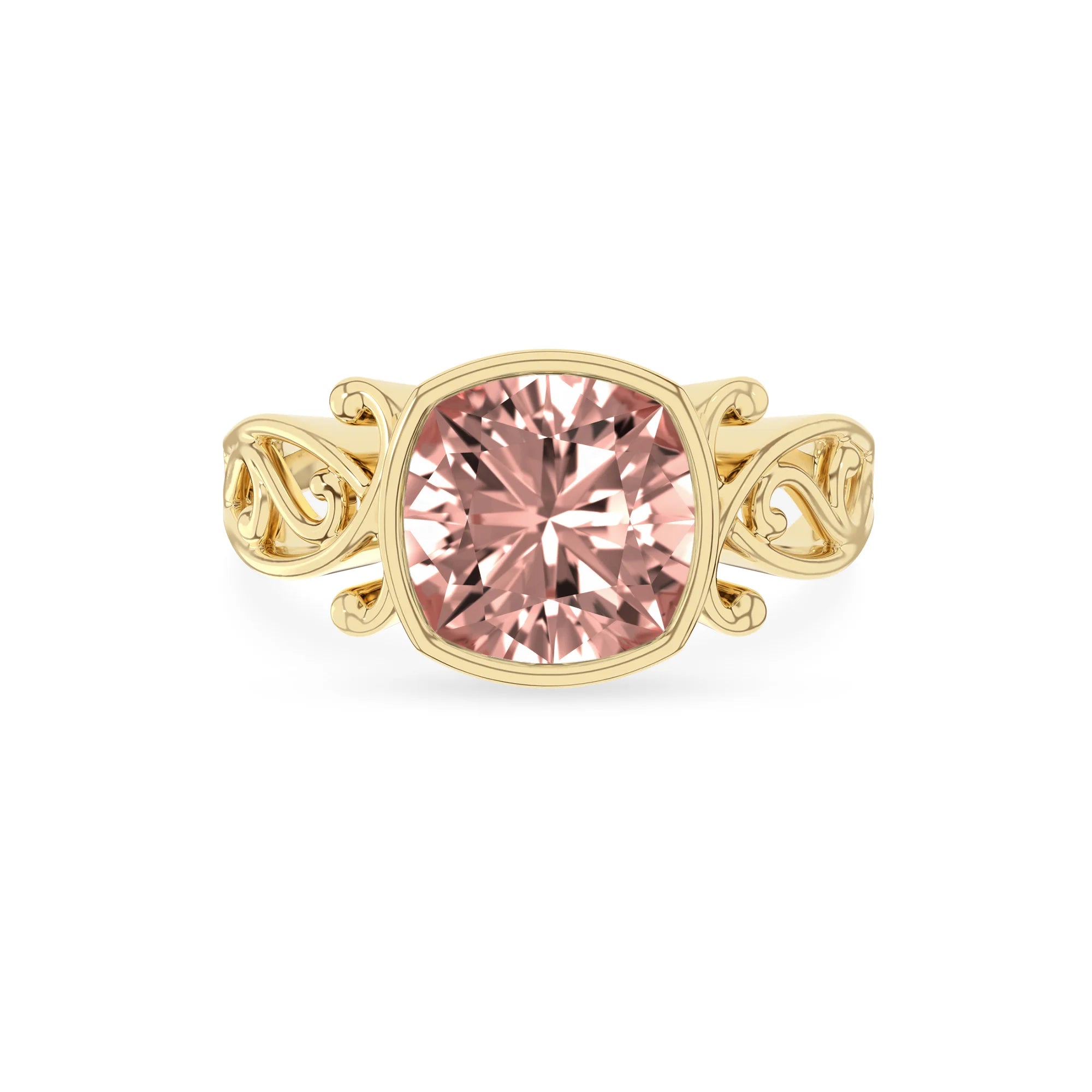 lab grown morganite cushion solitaire rings in yellow gold 