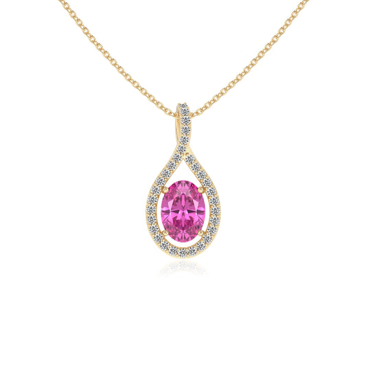 lab grown pink-sapphire oval solitaire necklaces in yellow gold 