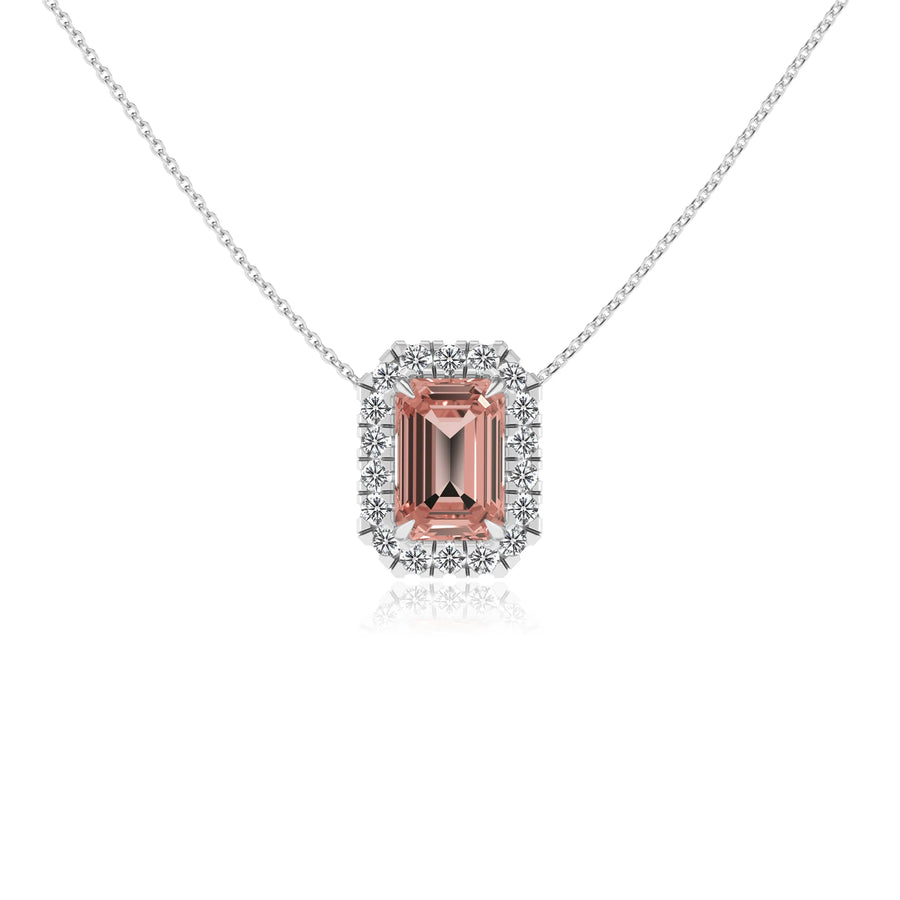 lab grown morganite emerald cut solitaire necklaces in white gold 