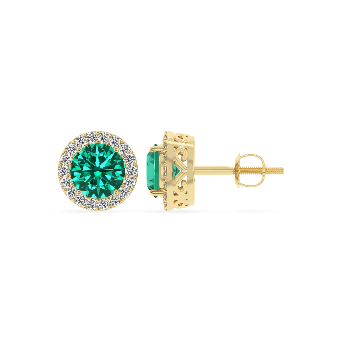 lab grown emerald round stud earrings in yellow gold 