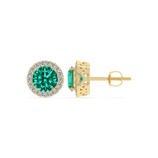 lab grown emerald round stud earrings in yellow gold 