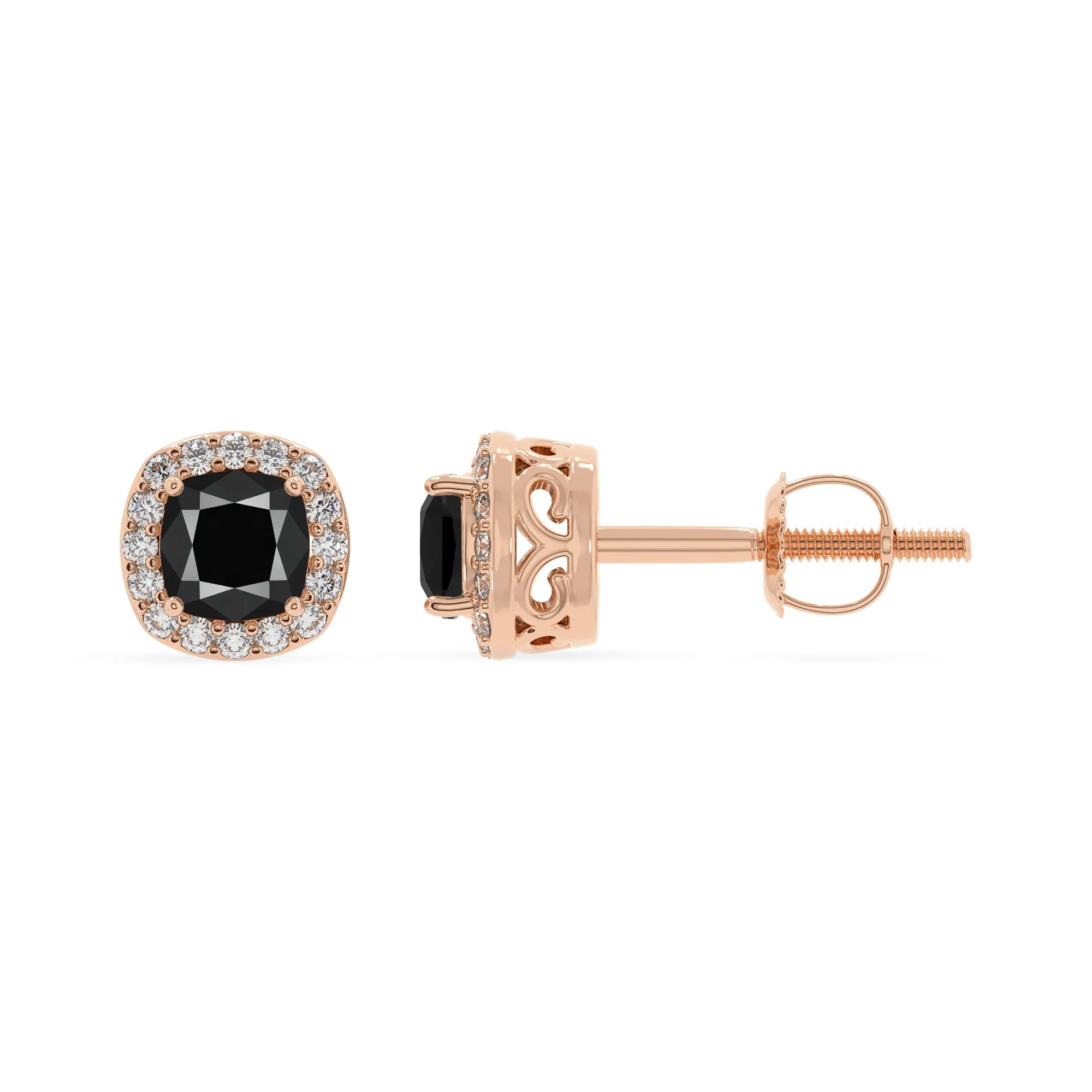 natural black onyx cushion stud earrings in rose gold 