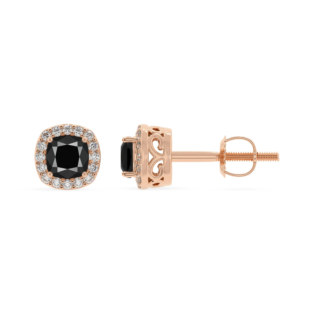 natural black onyx cushion stud earrings in rose gold 