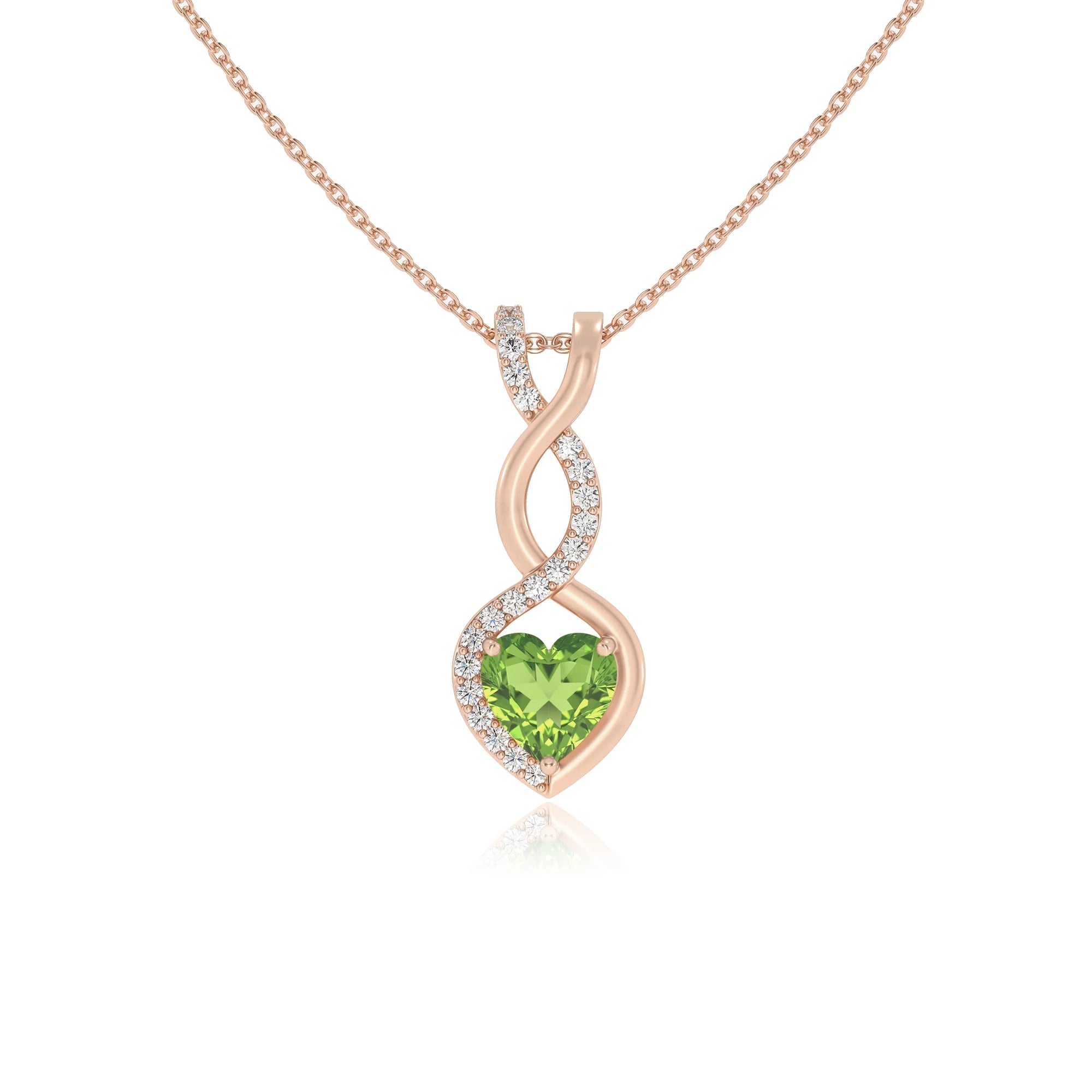 natural peridot heart infinity necklaces in rose gold 