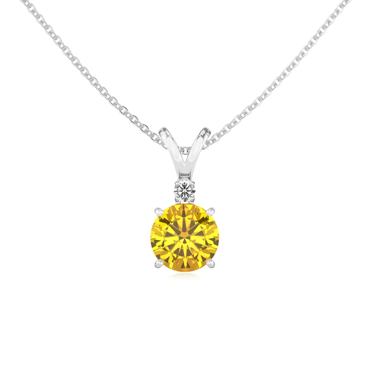 lab grown yellow-sapphire round solitaire v-bale necklaces in white gold 