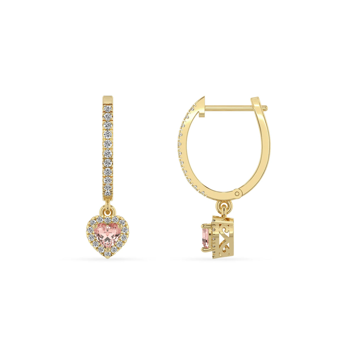 lab grown morganite heart drop earrings in yellow gold 