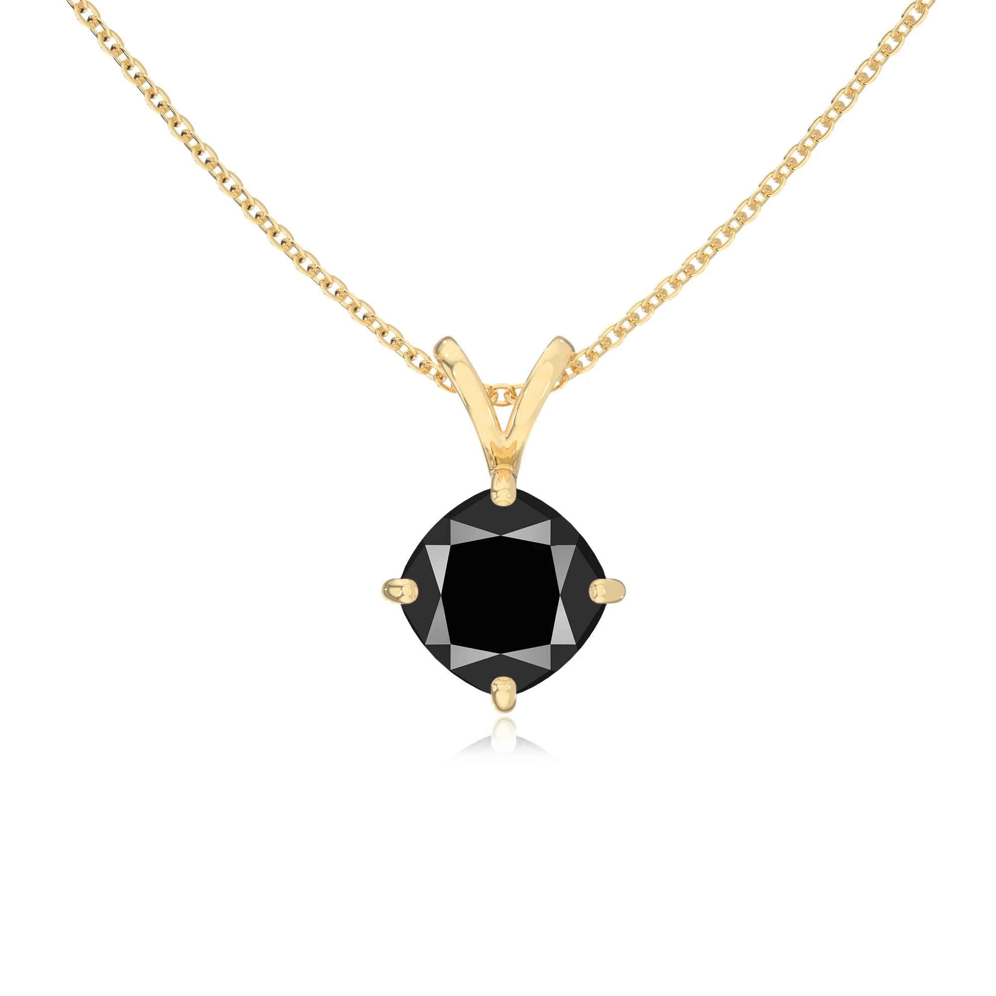 natural black-onyx cushion solitaire v-bale necklaces in yellow gold 