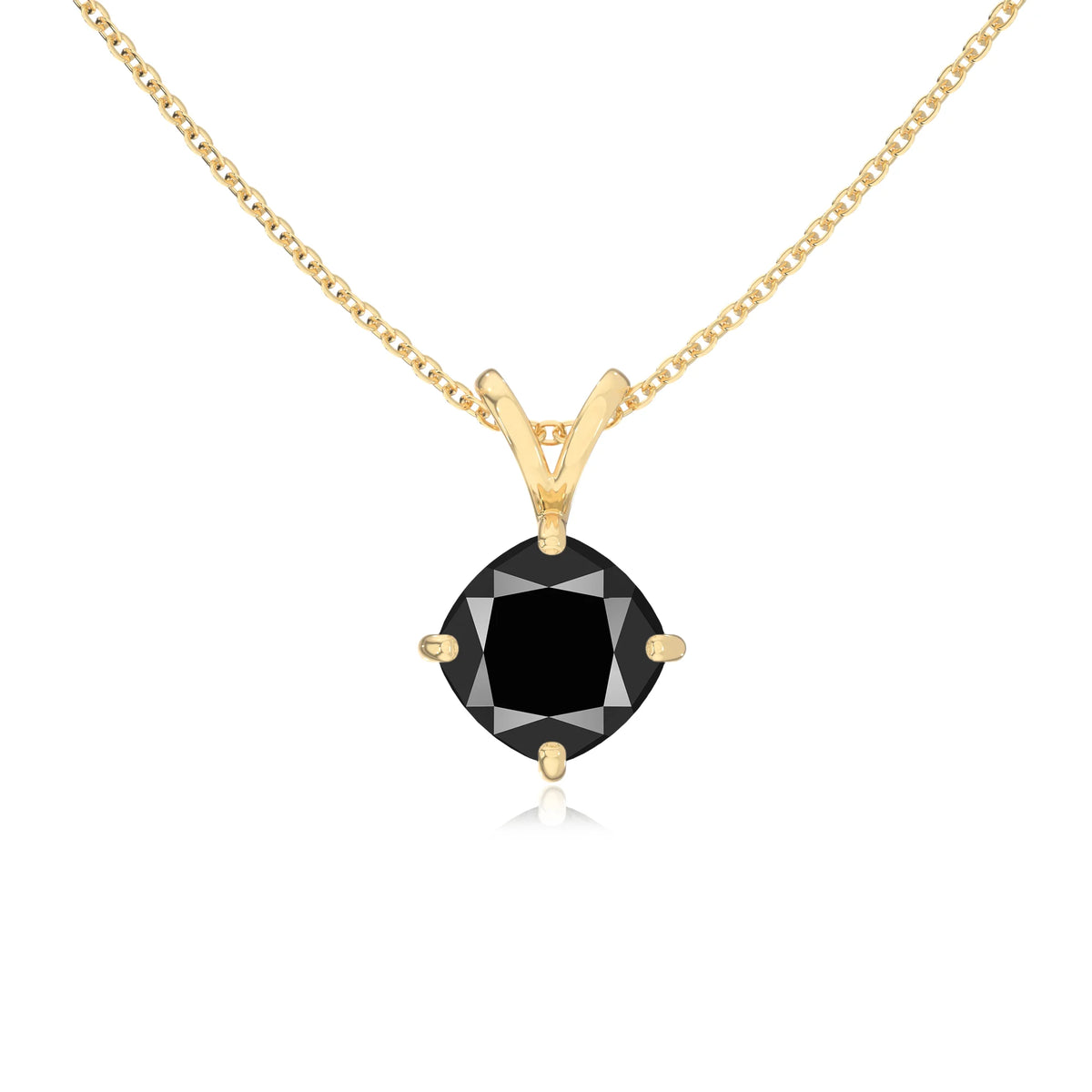 natural black-onyx cushion solitaire v-bale necklaces in yellow gold 