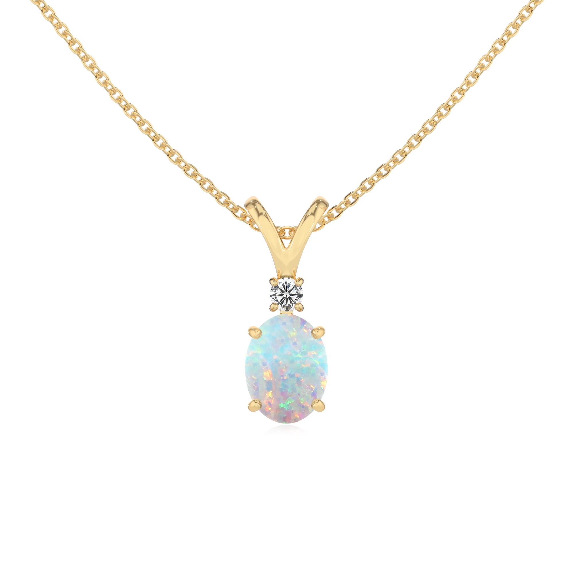 lab grown opal oval solitaire v-bale necklaces in yellow gold 
