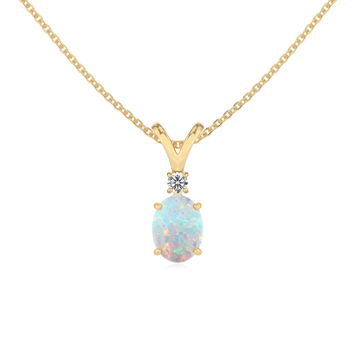 lab grown opal oval solitaire v-bale necklaces in yellow gold 