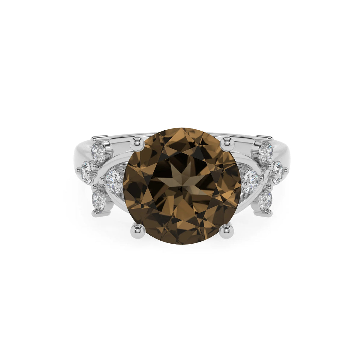 natural smoky-quartz round solitaire rings in white gold 