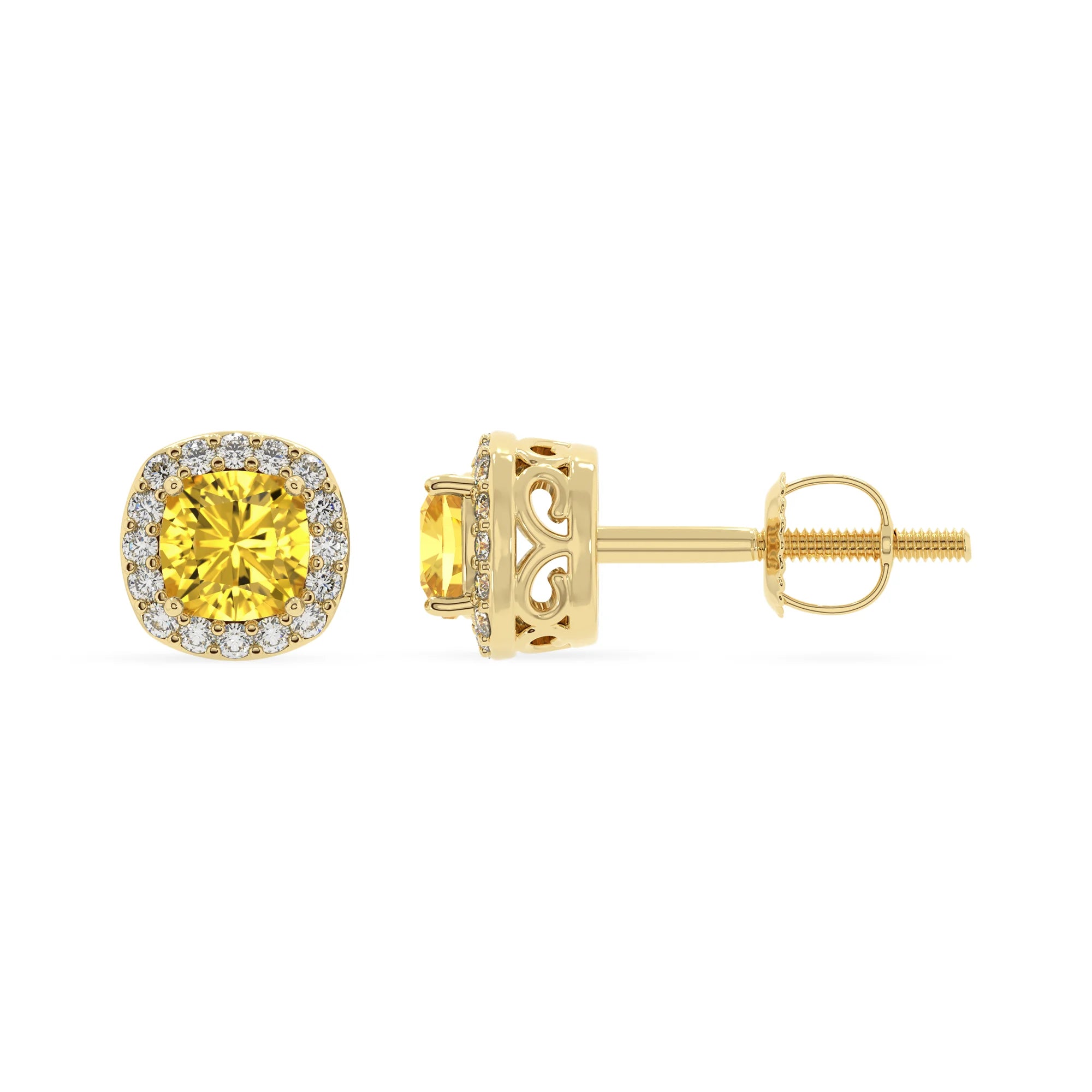 lab grown yellow sapphire cushion stud earrings in yellow gold 