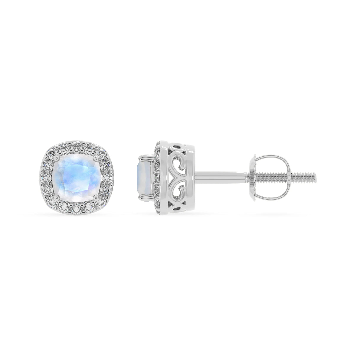 natural rainbow moonstone cushion stud earrings in platinum 