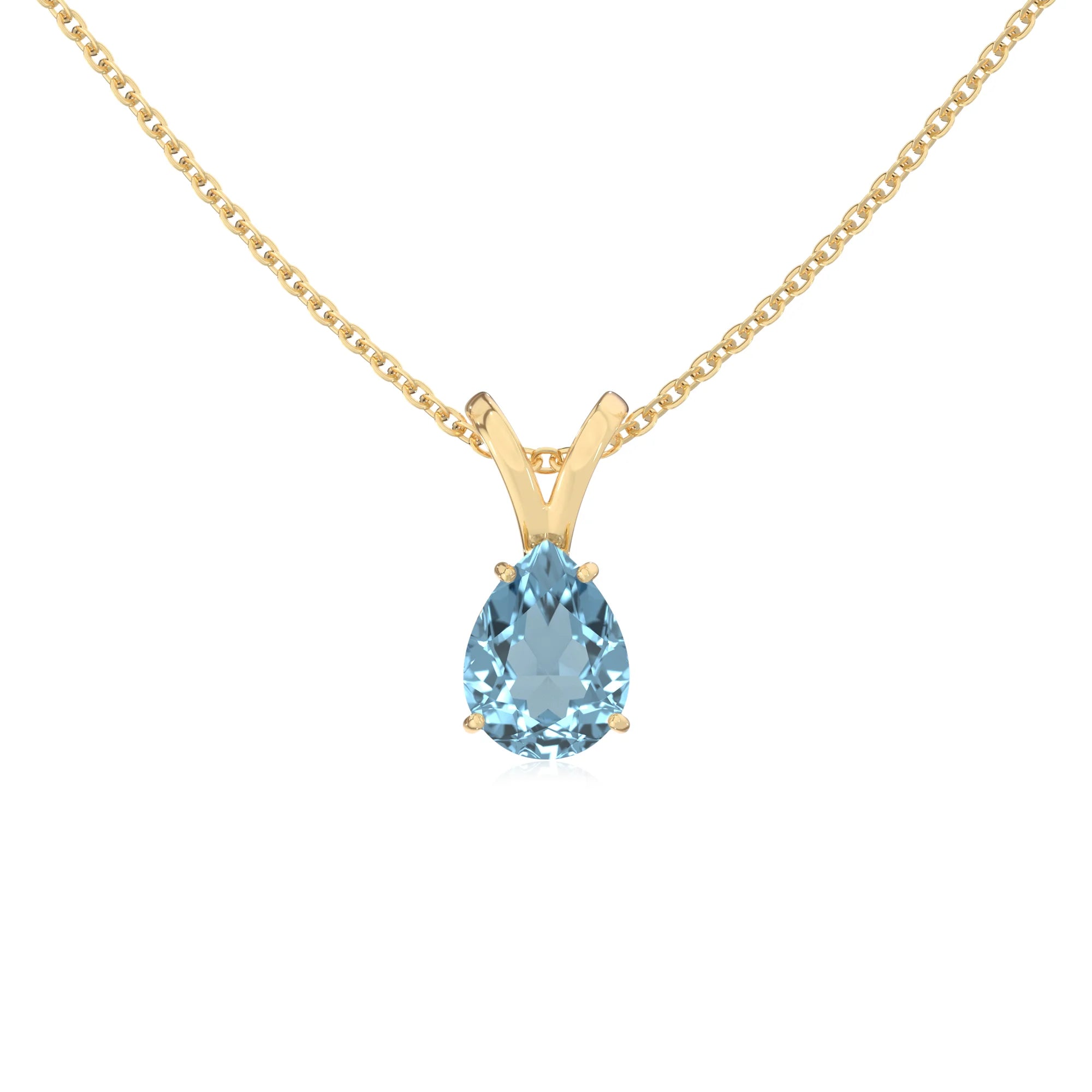 lab grown aquamarine pear solitaire v-bale necklaces in yellow gold 