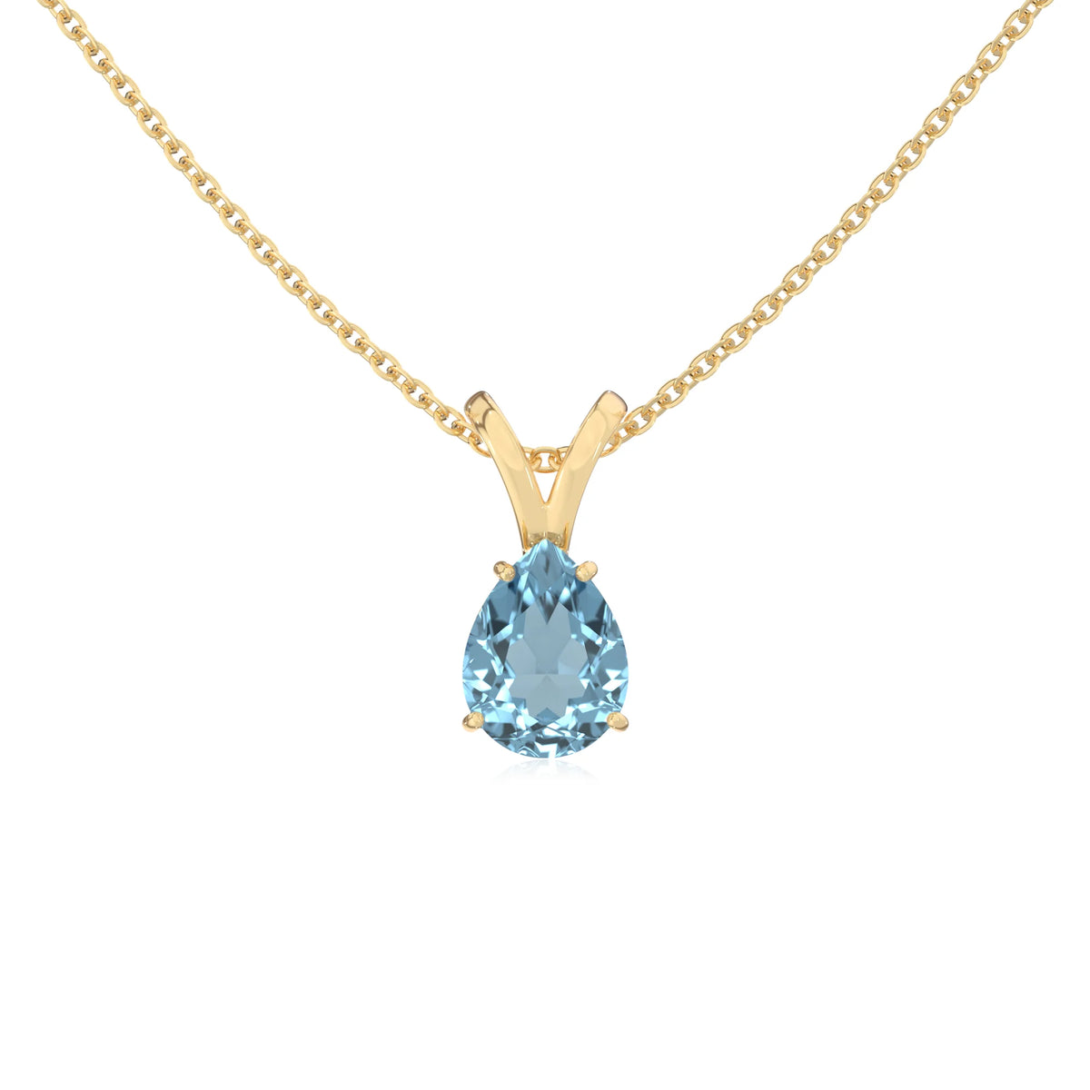 lab grown aquamarine pear solitaire v-bale necklaces in yellow gold 