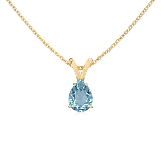 lab grown aquamarine pear solitaire v-bale necklaces in yellow gold 