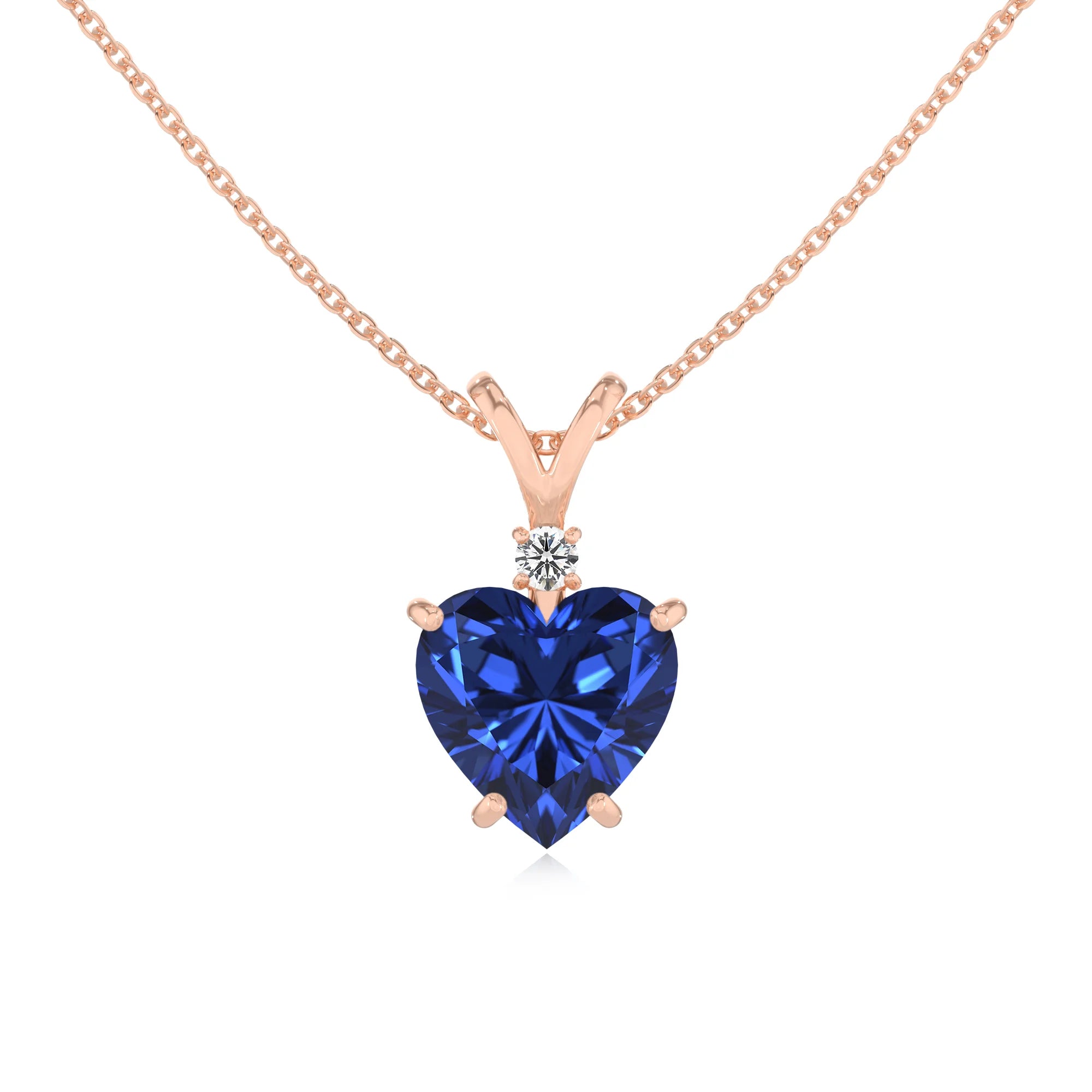 lab grown blue-sapphire heart solitaire v-bale necklaces in rose gold 