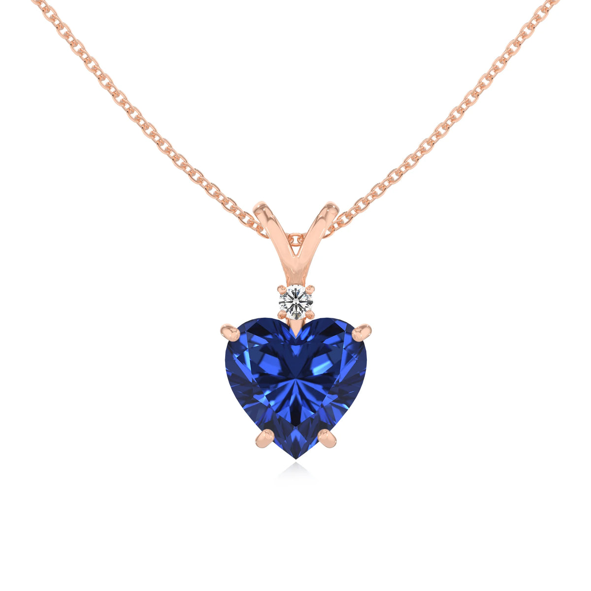 lab grown blue-sapphire heart solitaire v-bale necklaces in rose gold 