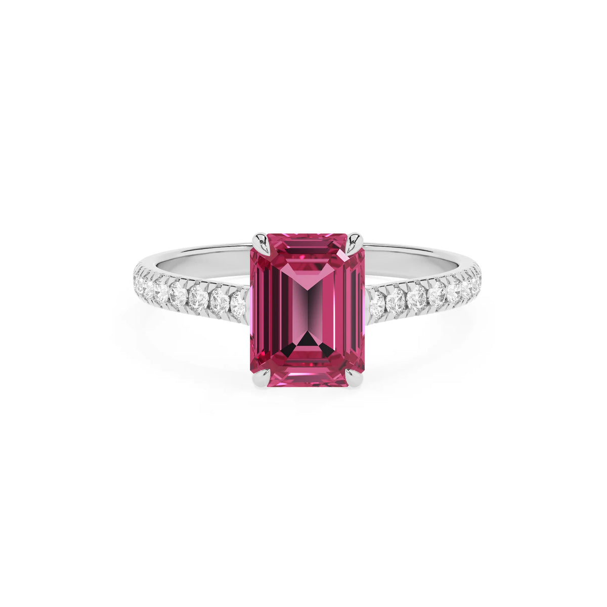 lab grown pink-tourmaline emerald cut half eternity solitaire engagement rings in sterling silver 