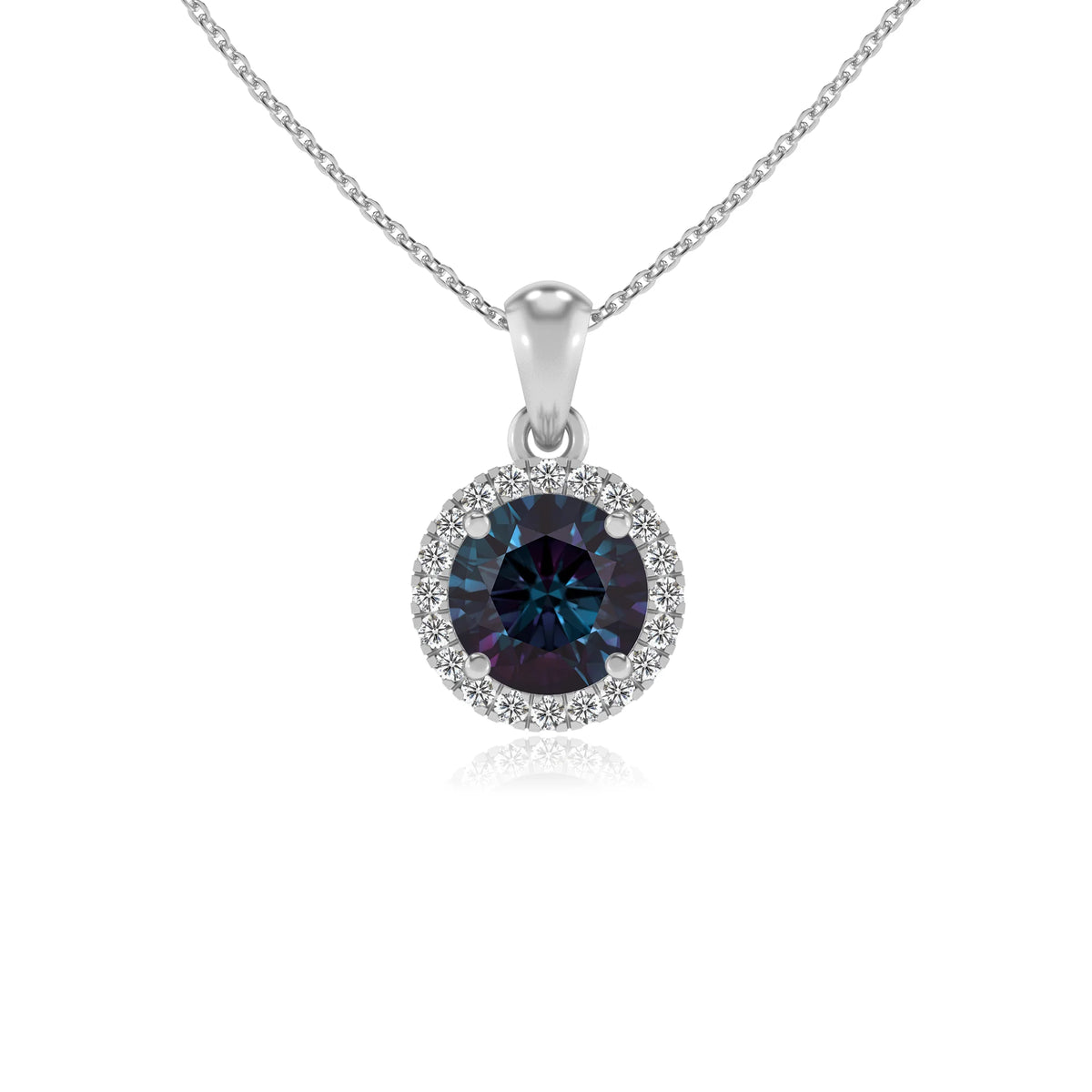 lab grown alexandrite round solitaire necklaces in white gold 