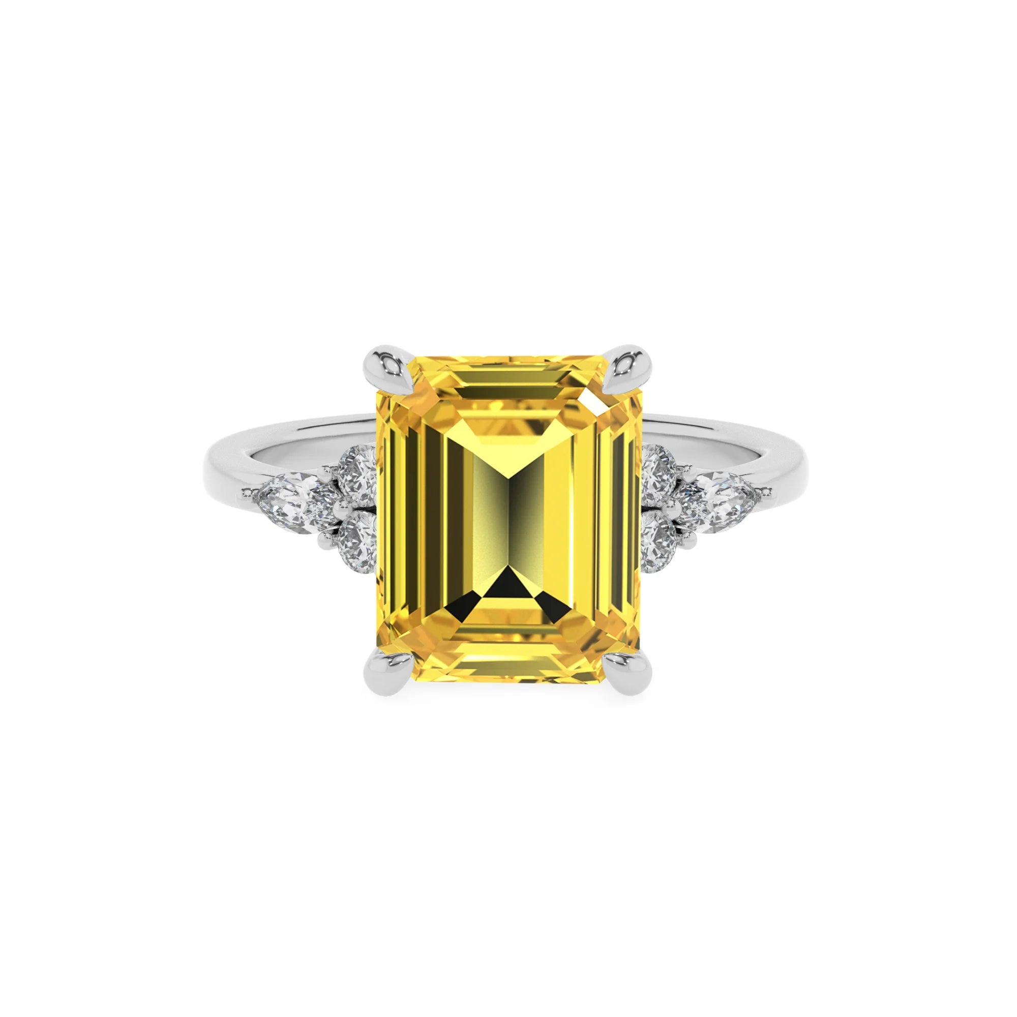 lab grown yellow-sapphire emerald cut solitaire rings in platinum 