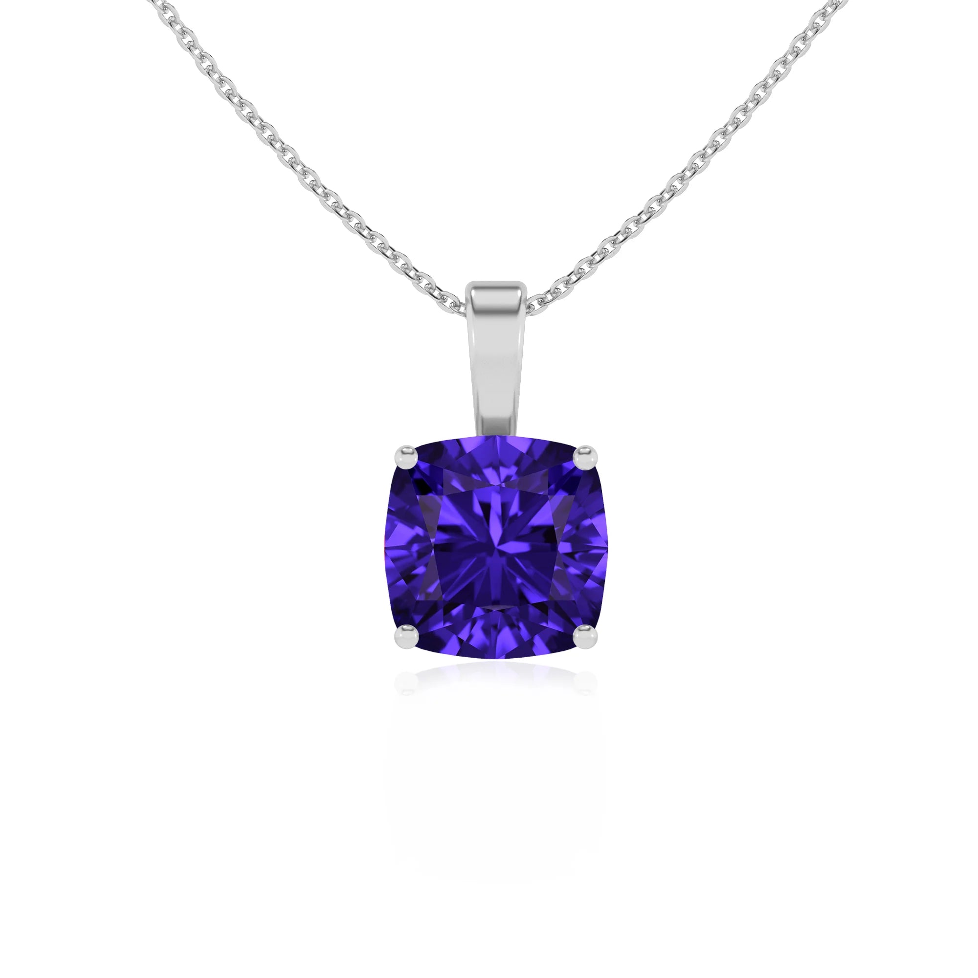 lab grown tanzanite cushion solitaire necklaces in white gold 