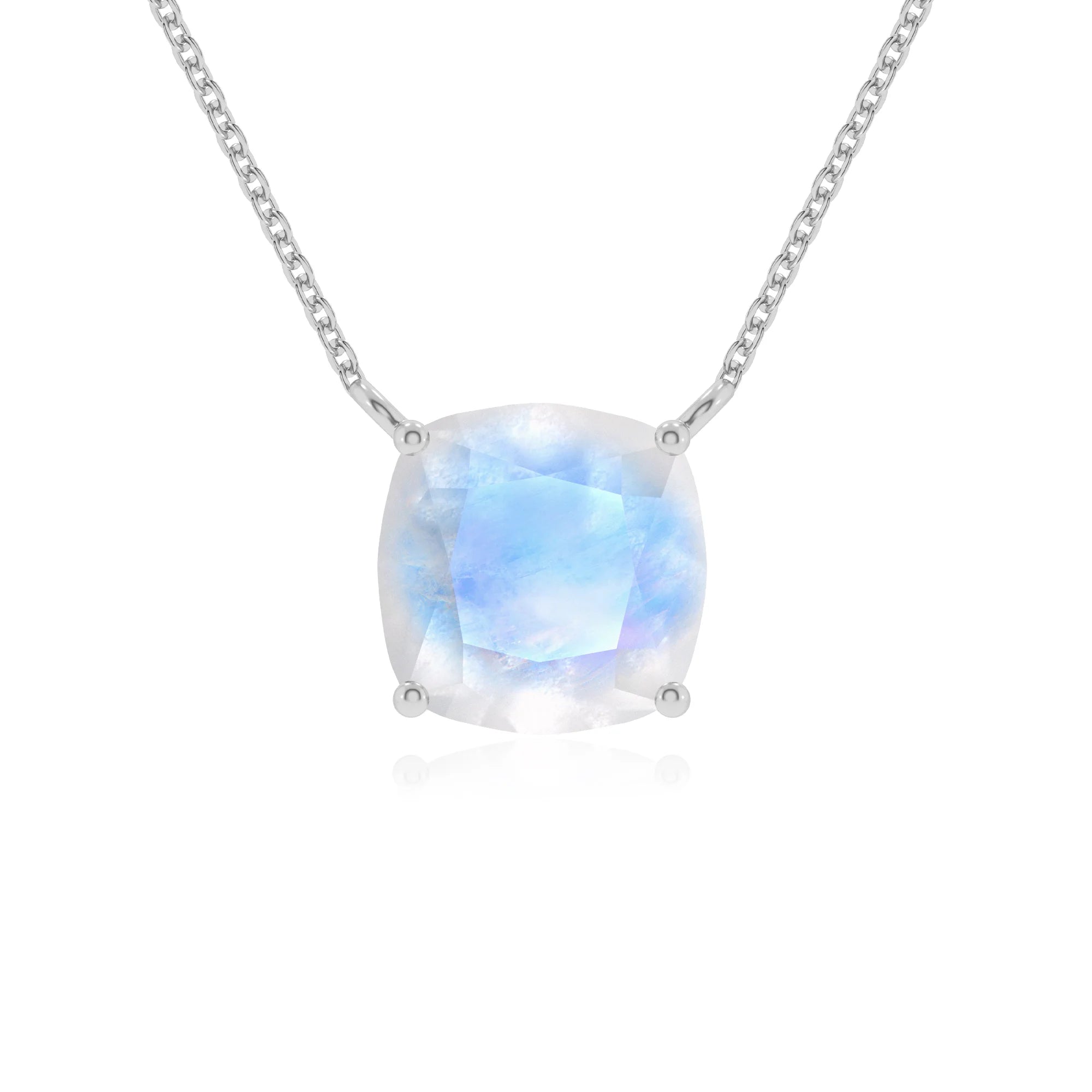 natural rainbow-moonstone cushion solitaire necklaces in sterling silver 