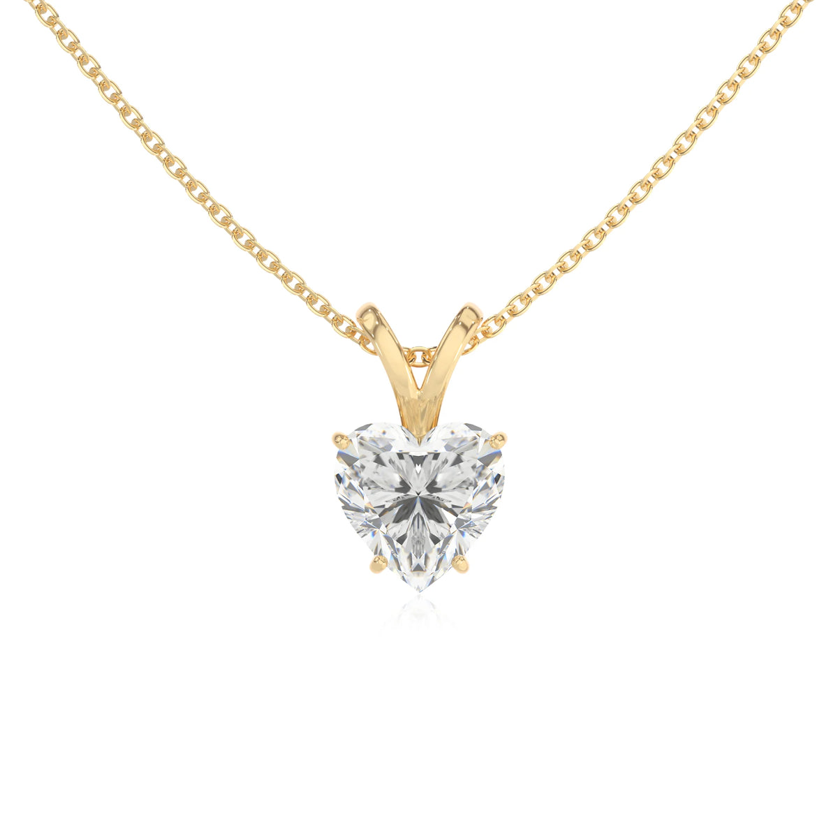 lab grown moissanite heart solitaire v-bale necklaces in yellow gold 