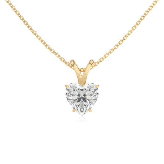 lab grown moissanite heart solitaire v-bale necklaces in yellow gold 