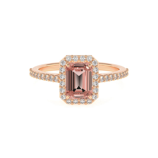 lab grown morganite emerald cut solitaire rings in rose gold 