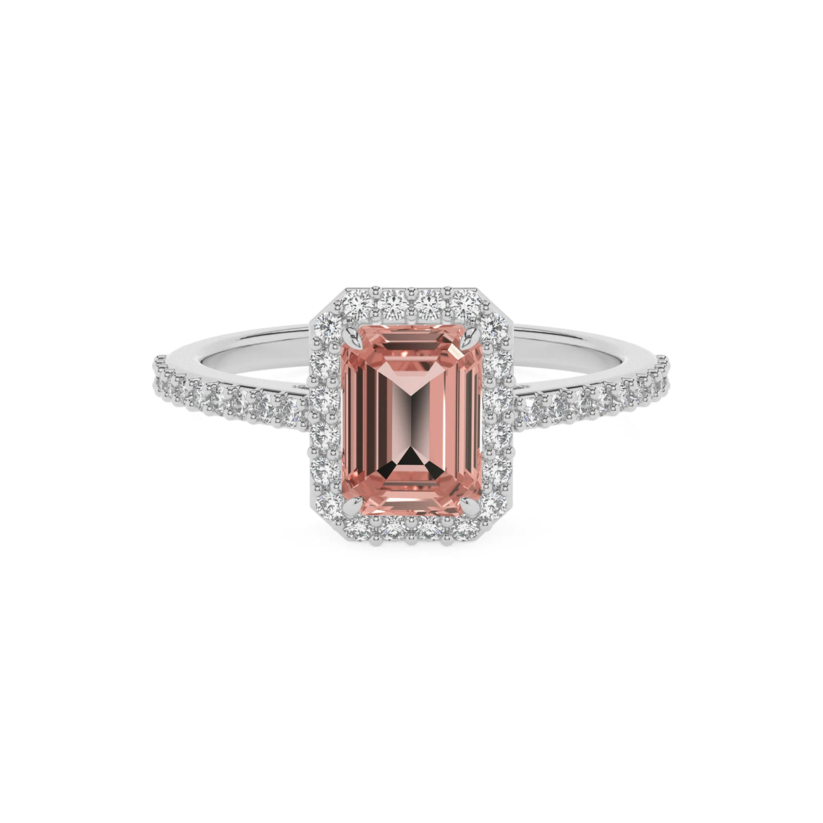 lab grown morganite emerald cut solitaire rings in sterling silver 