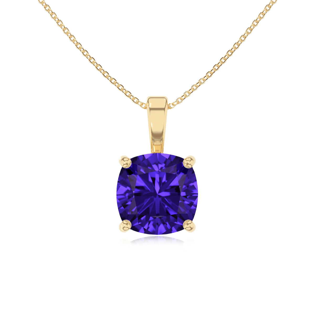 lab grown tanzanite cushion solitaire necklaces in yellow gold 