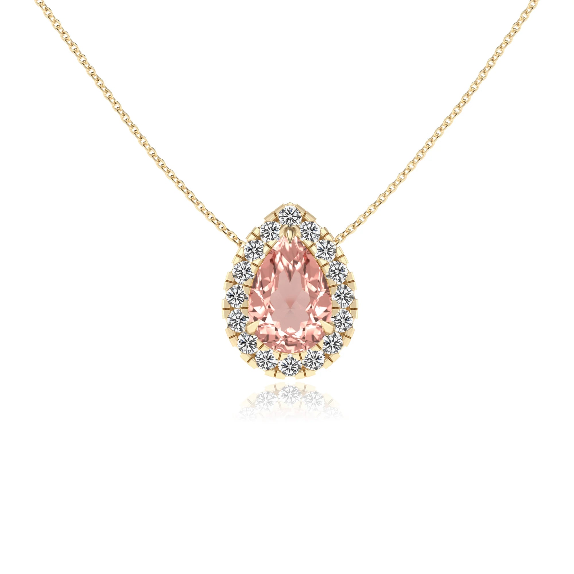 lab grown morganite pear solitaire necklaces in yellow gold 
