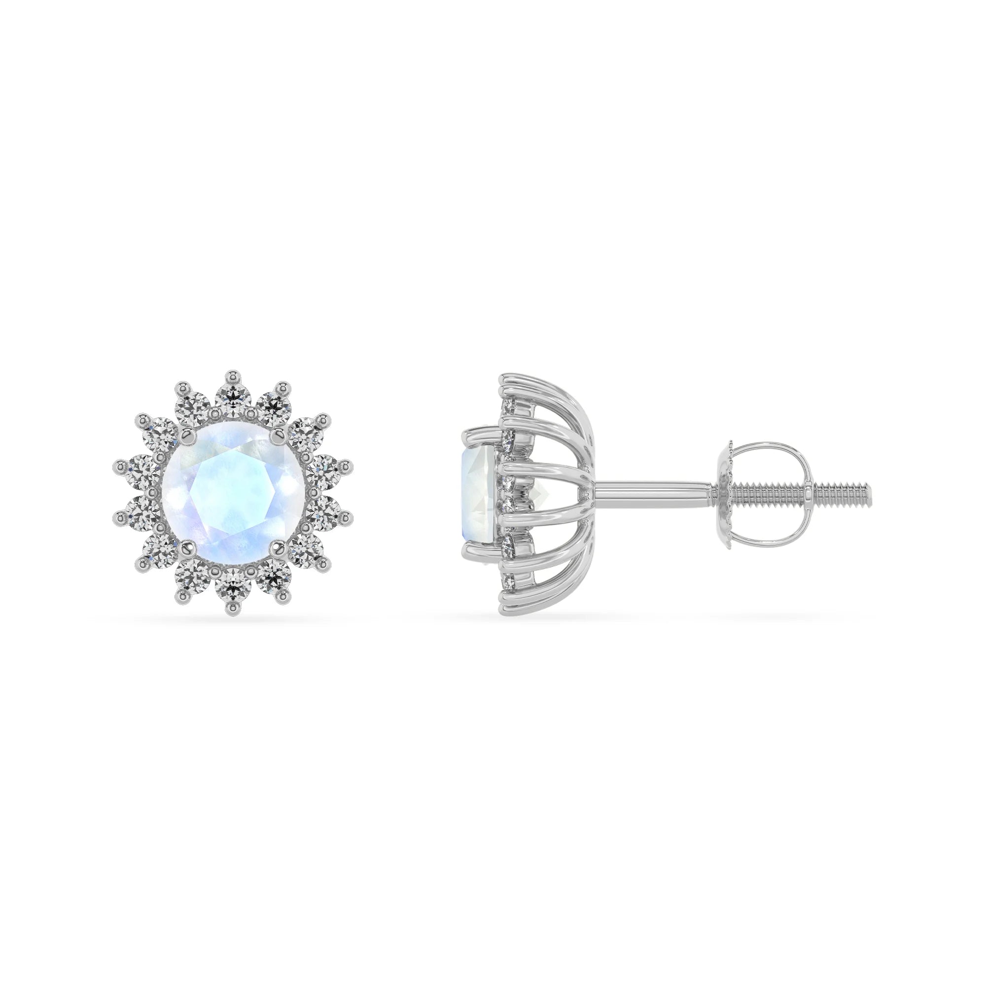 natural rainbow moonstone round stud earrings in white gold 