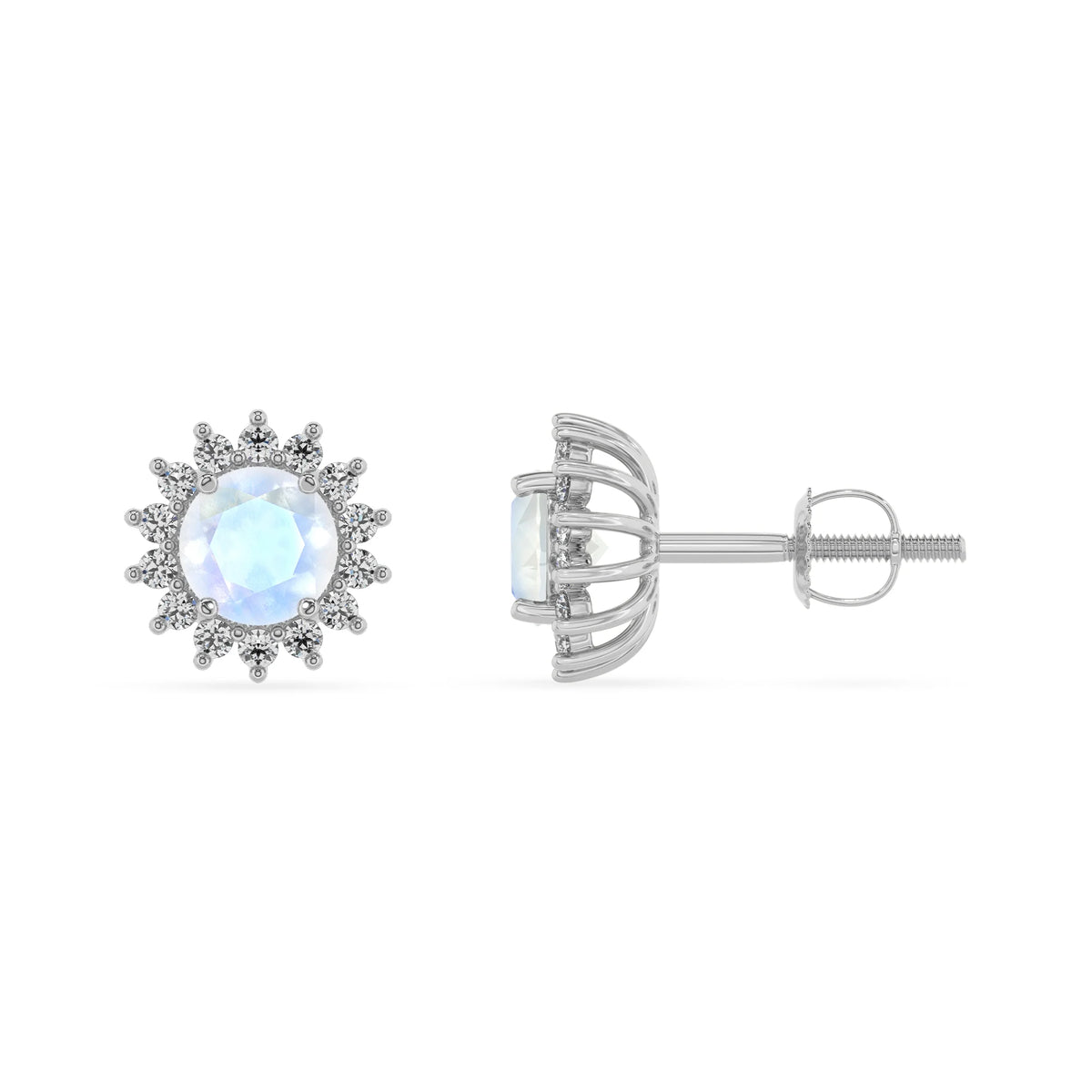 natural rainbow moonstone round stud earrings in white gold 