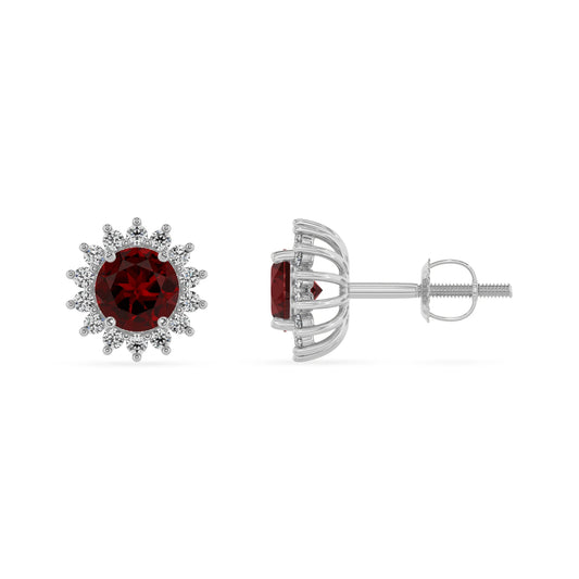 natural garnet round stud earrings in white gold 
