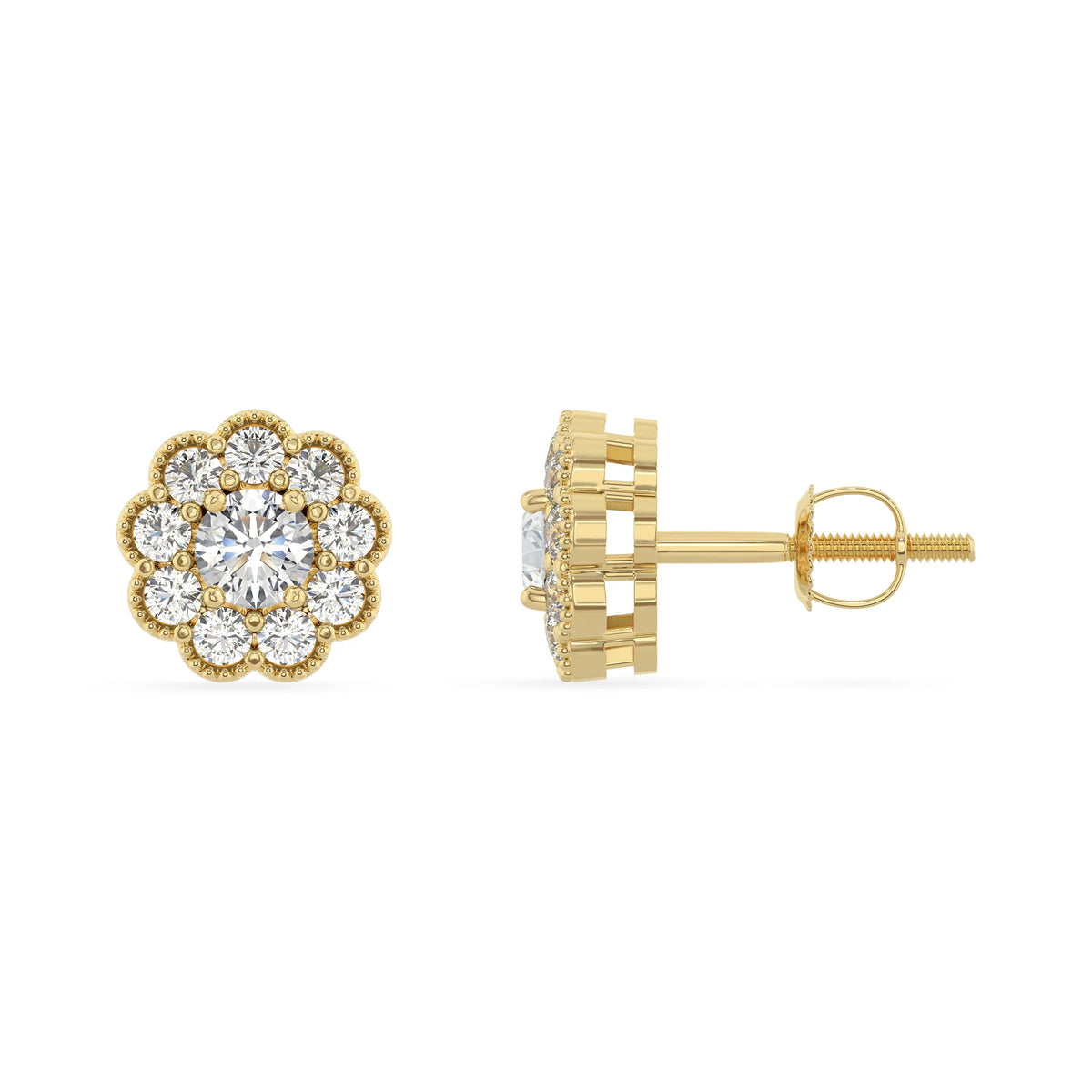 lab grown moissanite round stud earrings in yellow gold 