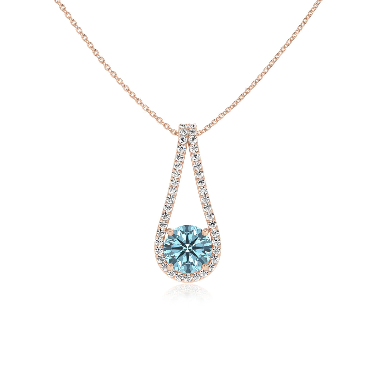 lab grown aquamarine round solitaire v-bale necklaces in rose gold 