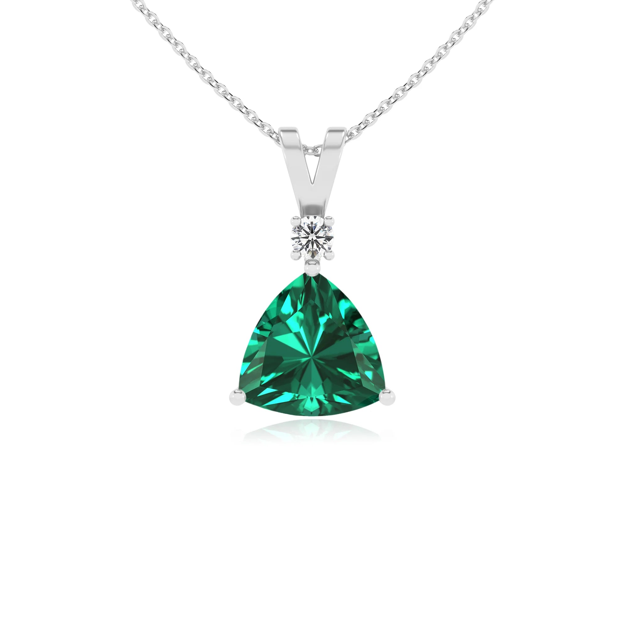 lab grown emerald trillion solitaire v-bale necklaces in platinum 