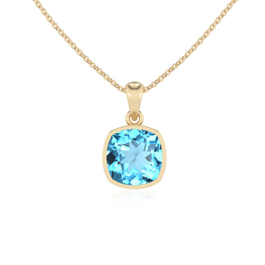 natural swiss-blue-topaz cushion solitaire necklaces in yellow gold 