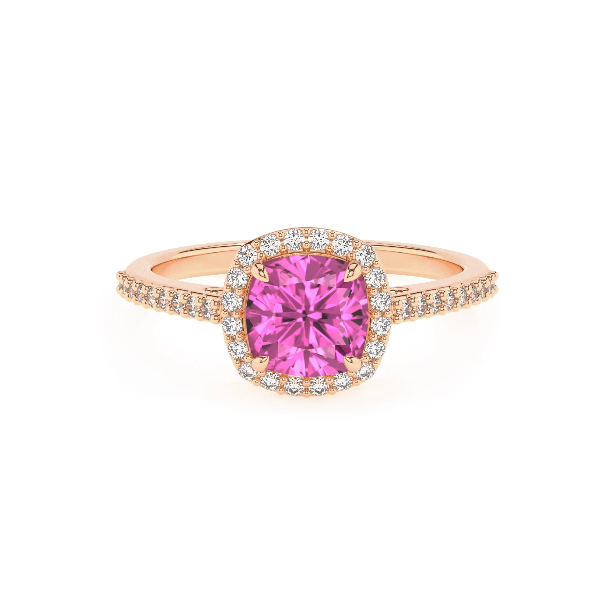 lab grown pink-sapphire cushion solitaire rings in rose gold 