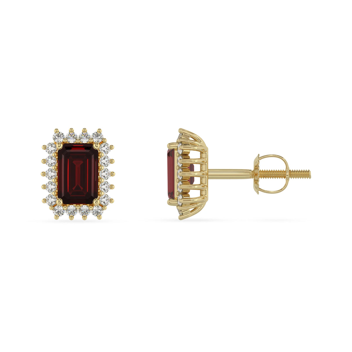 natural garnet emerald cut stud earrings in yellow gold 