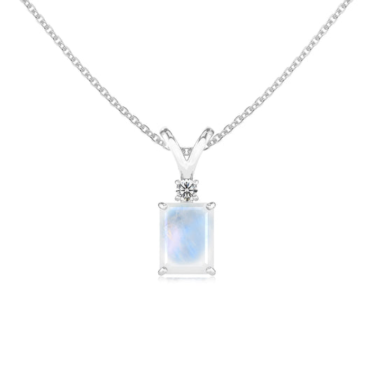 natural rainbow-moonstone emerald cut solitaire v-bale necklaces in platinum 