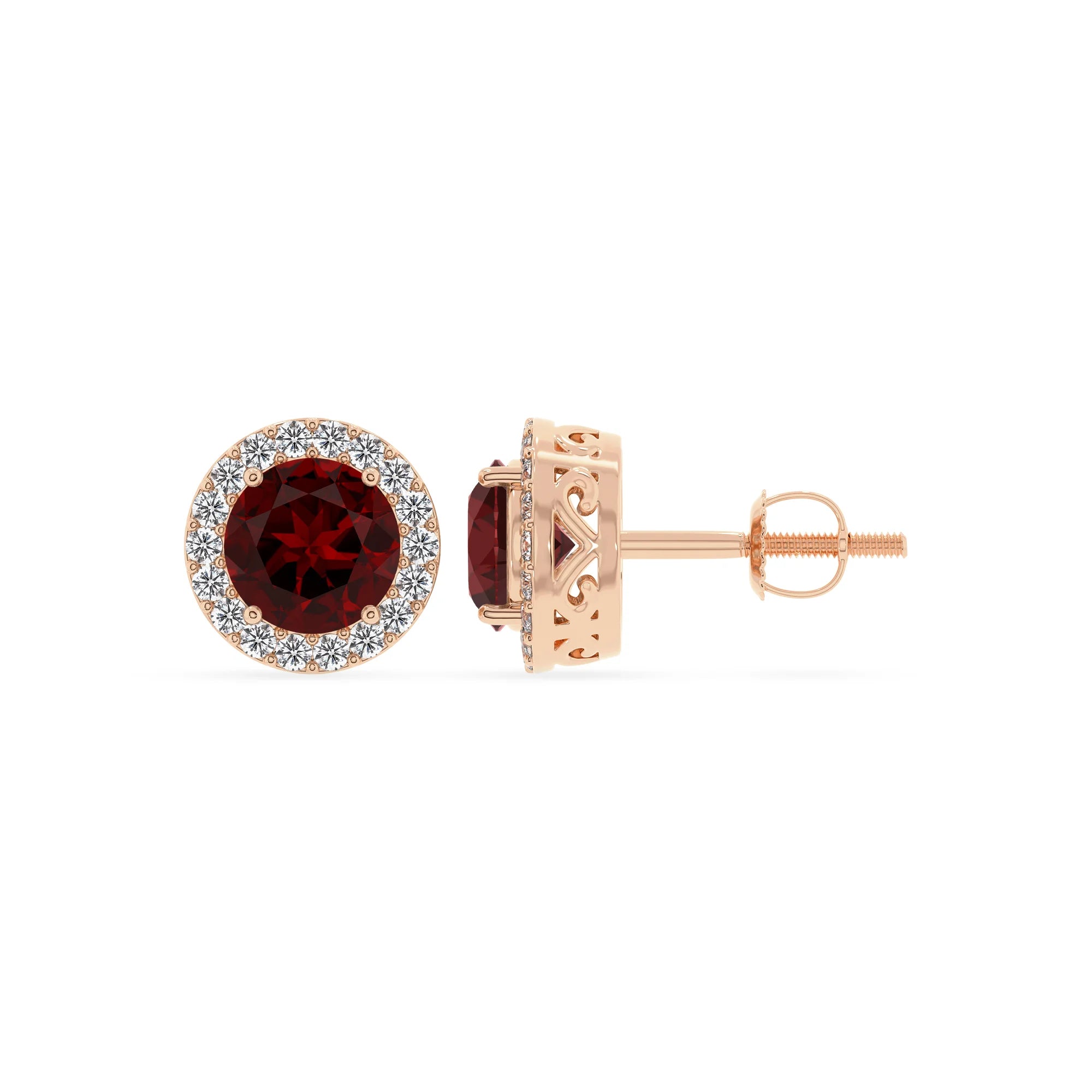 natural garnet round stud earrings in rose gold 